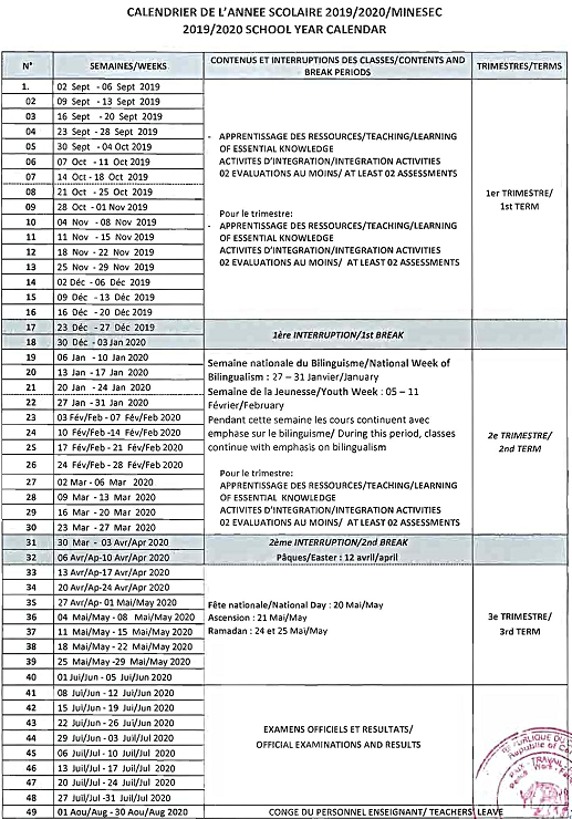 Calendrier de l'année scolaire 20242025 Cameroun MINEDUB MINESEC